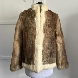 VTG Splendiferous Westwood Village Rabbit Fur Coat Jacket Tan White Trim Size M